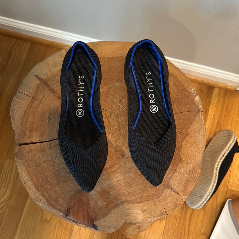 Rothy's Black and Blue Flats with Pointed Toe Design